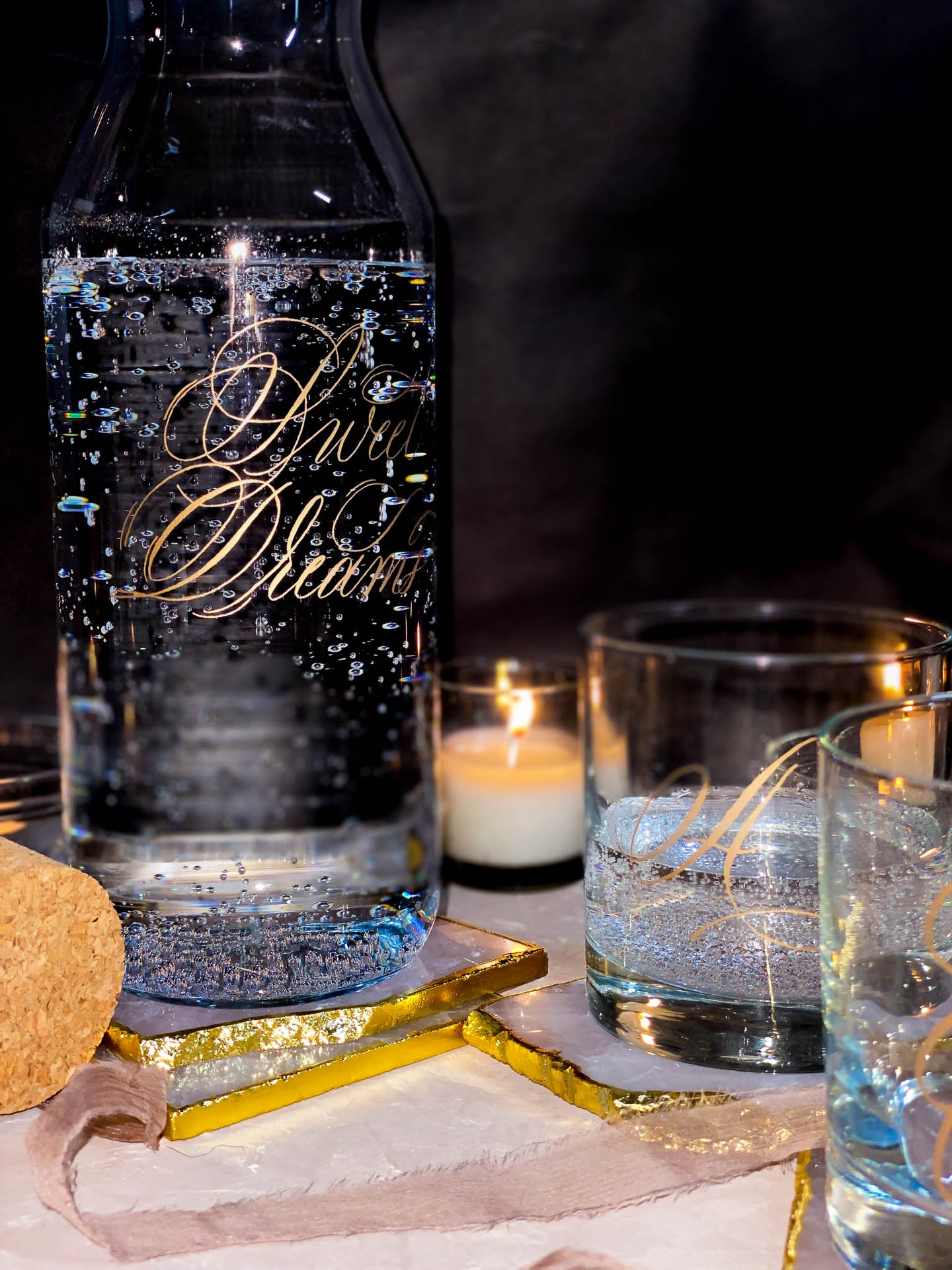 Calligraphy engraved carafe with drinking glass